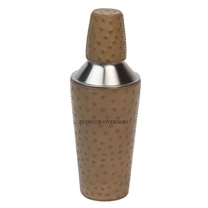 Coctelera de acero inoxidable pulido brillante plateado hecha de tamaño personalizado y logotipo con cuero de primera calidad cubierto de La India - Product Image 1