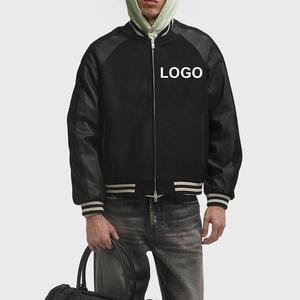 Custom Logo <b>Wool</b> Letterman Varsity Jacket for Man Grey With <b>White</b> Color Leather Sleeves Embroidery Logo Zipper Bomber Jacket - Product Image 4