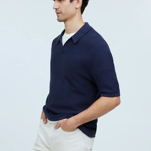 À la mode bleu marine hommes col en V Polo surdimensionné gaufré tricoté plaine décontracté personnalisé marque Logo Golf Polo t-shirt - Product Image 3
