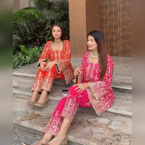 ชุดคุर्ติ ชารารา และผ้าคลุมไหล่ 3 ชิ้น ผ้าจอร์เจตต์เนื้อหนา หรูหรา พร้อมงานปักมือ ขายส่งราคาถูก - Product Image 4