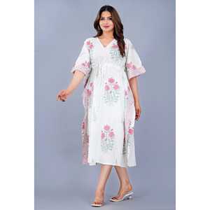 Floral Block Prints Blush Boom <b>Kaftan</b> Handwoven Cotton Elegant Fashion Dresses for Leisure Free Size" - Product Image 1