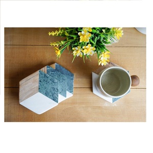 Haute qualité 4 pièces rustique classique blanc base en marbre bois incrustation hexagone géométrique sous-verres fabriqués à la main 5mm tapis et tampons - Product Image 4