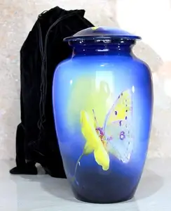 ESplanade Metal Cremación Urna Memorial Jar Pot Container | Urna de tamaño completo para cenizas funerarias Entierro | Estampado de mariposa amarilla | Blu