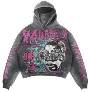 Ropa de calle personalizada lavada con ácido French Terry pantalla impresa Crop de gran tamaño para hombre Sudadera con capucha serigrafiada para hombre - Product Image 4