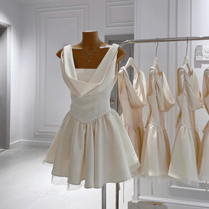 Robes mini de luxe unies pour femmes Ocean Vietnam Manufacture, taille naturelle, col drapé, sans manches, coupe ajustée trapèze, dos respirant - Product Image 2