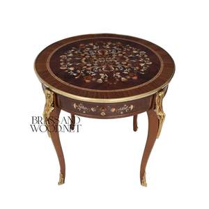 Mesa Auxiliar Redonda de Lujo con Incrustaciones Florales y Detalles Ornamentales de Latón Dorado para Decoración de Esquinas de Sala de Estar Clásica - Product Image 1