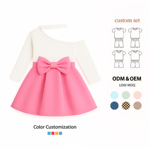 Bộ trang phục thời trang trẻ em gái năm <span class=keywords><strong>2025</strong></span> bán buôn: Váy hồng phối nơ & áo dài tay trắng phối sườn, kiểu một bên vai - Product Image 2