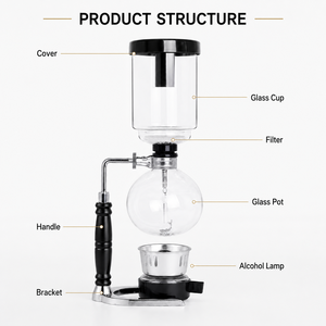 Cafetière à siphon en <span class=keywords><strong>verre</strong></span> borosilicate 3/5 tasses - Cafetière manuelle à vide avec poignée noire et filtres en tissu pour usage domestique - Product Image 2