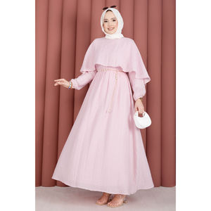 Robe d'été modeste rose, coupe trapèze, col cape, taille élastique, doublée en mousseline de soie - Product Image 3