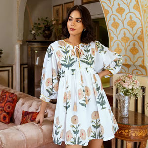 Robe midi en coton imprimé à la main à motifs floraux, manches bouffantes, robe bohème pour femmes - Product Image 1