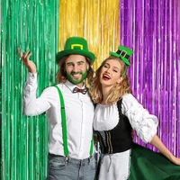 Rideau à franges en feuille de papier Mardi Gras 2M Vert Or Violet, Rideau de fond en guirlandes pour Fête de Carnaval, Anniversaire, Décoration Murale de Scène