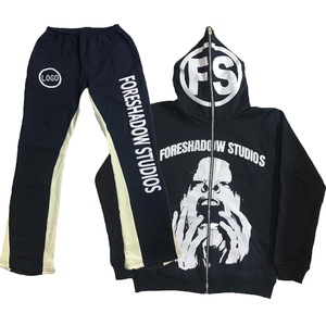 Custom Sweatsuits Tracksuit Thick Fleece 100% Cotton Two Piece Hoodies and <b>Flare</b> Sweat Pants Suit Stacked Joggers Set Men - Product Image 1