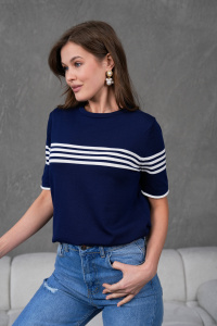Blusa de punto a rayas de manga corta con cuello redondo para mujer, Camiseta cómoda y elegante, transpirable a rayas, servicio OEM de alta calidad - Product Image 3
