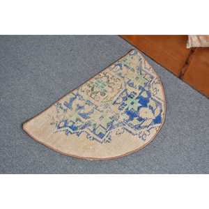 Alfombra Turca Redonda Vintage de 2.5x1.5 pies, Alfombra de Lana Azul Sólida - Product Image 3