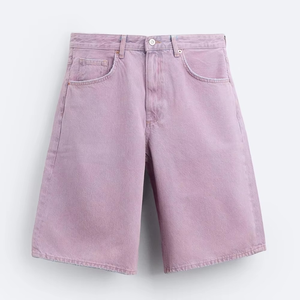 Shorts en jean tissé délavé à double genouillère pour homme, coupe droite vintage, orné de strass, taille mi-haute, décontracté, été, personnalisé par le fabricant - Product Image 4