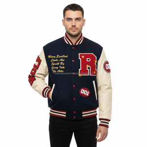 Chaqueta Universitaria Personalizada de Alta Calidad, Cuerpo de Lana, Mangas de Cuero Vacuno Auténtico, Parche de Chenilla, Chaqueta Bomber con Letras Escolares - Product Image 3