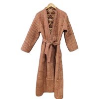 Peignoir Kimono en Coton Indien Matelassé, Imprimé à la Main, Séchage Rapide, Respirant, Col en V, Longueur Intégrale, Vêtement de Nuit pour Femme, Été Hiver