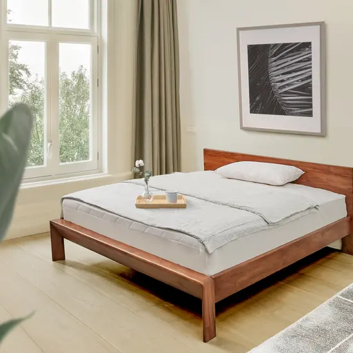 Elegante y moderna cama king size de teca con respaldo bajo para dormitorio