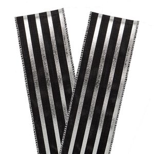Silver & Black Striped Organza Satin Polyester <b>Wired</b> <b>Ribbon</b> Floral Design for Wedding Birthday or Halloween Gift Wrapping - Product Image 4