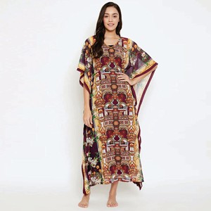 Dernier Cri Confort Coupe Col V Polyester Georgette Bordeaux Impression Numérique Sheer Kaftan avec Slip - Product Image 1