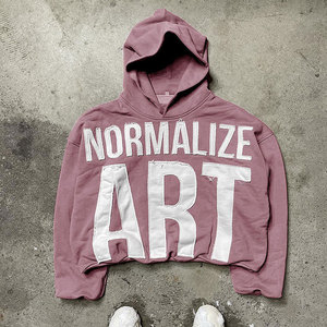 Custom logo Winter Streetwear 100% Cotton Raw Hem Distressed Embroidery Patch Pullover Patchwork No <b>Strings</b> Cut Sew Cropped - Product Image 6
