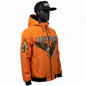 High quality mens softshell <b>jacket</b> orange and <b>black</b> stylish panels custom embroidery heat transfer logo softshell <b>Jacket</b> for man - Product Image 2