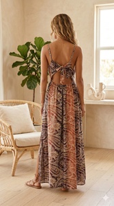 Talla Única Y2K, Vestido Largo Bohemio Natural de Seda Tejida India, Estampado Geométrico, Estilo Coreano, Cuello en V, Sin Mangas, Dulce y Veraniego - Product Image 4