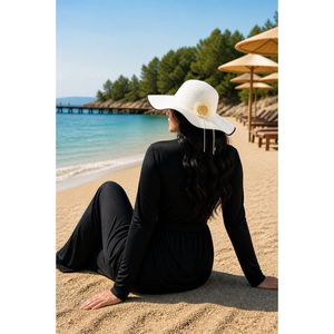 Floral Detail Wide Brim <b>Floppy</b> Straw Beach <b>Hat</b> White Lace Accessory for Outdoor Party Travel Made Toquilla Paper Grass Ribbon - Product Image 1