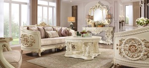 Set Sofa Kayu Solid Ukiran Tangan Mewah dengan Finishing Krim Emas, Furnitur Ruang Tamu Apartemen yang Nyaman, Kantor Rumah, dan Pintu Masuk - Product Image 2