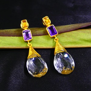 Los últimos pendientes de abalorio para mujer, estilo clásico, Plata de Ley 925 con piedras preciosas de peridoto y amatista chapadas en oro para bodas - Product Image 4