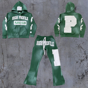 Fabricantes de ropa personalizado lavado con ácido Vintage bordado parches sudaderas con capucha peso pesado pierna ancha pantalón Sudadera con capucha y pantalones de chándal conjunto - Product Image 5