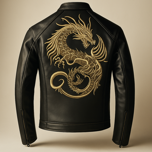 แจ็กเก็ตหนังสีดำปักลายสำหรับผู้ชายปกพับและแขนเสื้อหนัง PU งานตามสั่ง - Product Image 3