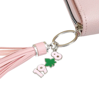 Dompet AKA Pink & Green dengan Gantungan Kunci Rumbai dan Liontin Daun Ivy, Dompet Resleting Kulit Imitasi, Tempat Kartu, Dompet Koin