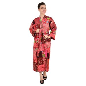 ชุดกิโมโนผ้าฝ้ายคันธาปุร์แบบกลับด้านได้สำหรับผู้หญิง ลายปะติดสีแดงสด ผ้าทอเนื้อนุ่ม ชุดคลุมอาบน้ำแบบมีเชือกผูก ODM 2 ชิ้น - Product Image 3