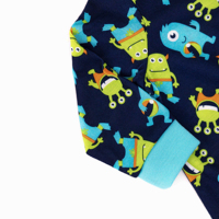 Combinaison bébé monstre extraterrestre à la mode, bleu marine, imprimé intégral, pyjama à pieds, fermeture éclair |   Semelles antidérapantes en tricot doux (0-2 ans)