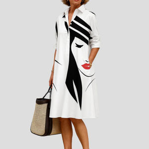 منتج خريفي أنيق وعصري جديد رقصة البولكا دوت ، فستان متوسط الطول بأكمام طويلة وياقة - Product Image 4