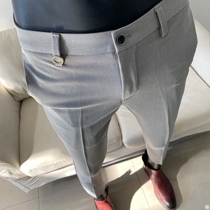 Pantalon solide à taille élastique pour homme, pantalon de bureau ou d'affaires, longueur cheville, tendance 2025 - Product Image 3