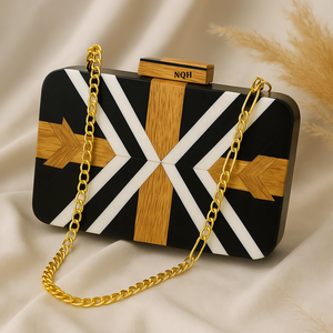 Pochette de soirée de luxe faite à la main en bois et résine, durable et écologique, avec perles et chaîne bandoulière, personnalisable avec logo - Product Image 1