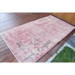 Vintage Area Rug 3.7x6.8 ft, <b>Red</b> Ikat Turkish <b>Wool</b> Rug - Product Image 2