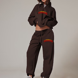 High Quality 100% Cotton Fleece 400 GSM Heavyweight Quater Zip Up Hoodie & Jogger <b>Set</b> Custom Printed Logo Tracksuit For Women - Product Image 1