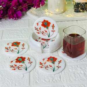 Meilleur prix fait à la main de luxe en marbre peint thé porte-boisson ensemble de sous-verres rouge Design floral pour les grossistes et les cadeaux - Product Image 1