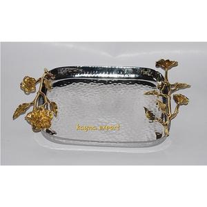 Plateau de service de forme longue martelé poli décoratif fantaisie avec poignée de branche de feuille d'or artisanat personnalisé plateau en métal de luxe - Product Image 5