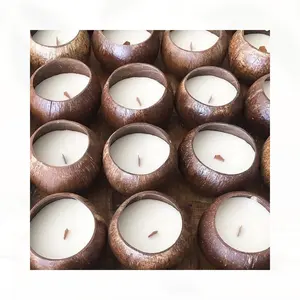 VINACAMON Cheapest And Newest handmade Style dry flower coconut Bowl Shape scented Candle in coconut bowl with wooden wick