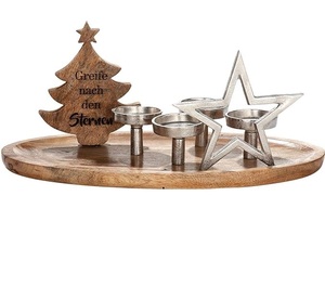 Support à bougies en bois de manguier avec éléments en aluminium et sapin de Noël en bois sur le dessus, hauteur 26 cm, par un fabricant fiable - Product Image 1