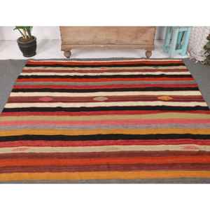 Alfombra Turca Vintage de 5.9x11 pies, Alfombra Grande, Alfombra de Lana a Cuadros Roja y Naranja - Product Image 3