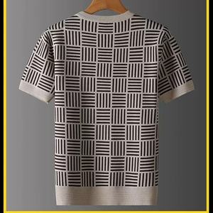Suéter de Punto Jacquard con Logotipo Personalizado OEM, Suéter de Punto Geométrico para Hombre, Manga Corta, Cuello Redondo, Informal, Camiseta, Suéter de Punto para Hombre - Product Image 5