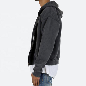 quality French Terry Thick Heavy Cotton Blank 400g <b>Mens</b> Acid Wash Oversized vintage Hoodie Double Zipper acid wash <b>men</b> hoodies - Product Image 4