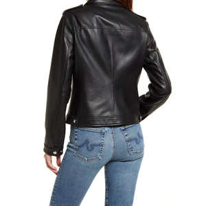 Chaqueta de Mujer, Nueva Moda, Negra, con Solapa, Mangas Largas, de Cuero Genuino de Oveja, con Relieve, Transpirable, con Forro de Nailon - Product Image 2