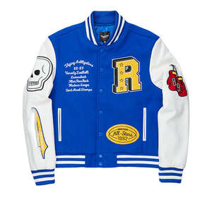 Veste universitaire en toile et laine avec logo personnalisé, patchwork, bleu royal et blanc, poches diagonales, streetwear - Product Image 1