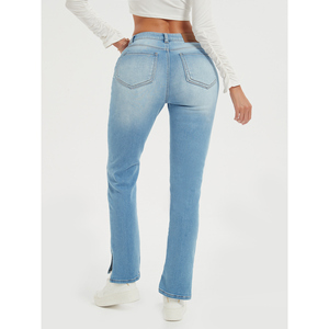 Paola Riboni Jeans de mezclilla rasgados para mujer, de cintura alta, corte ajustado, lavado claro, largos con detalle de abertura, estilo formal vintage - Product Image 2